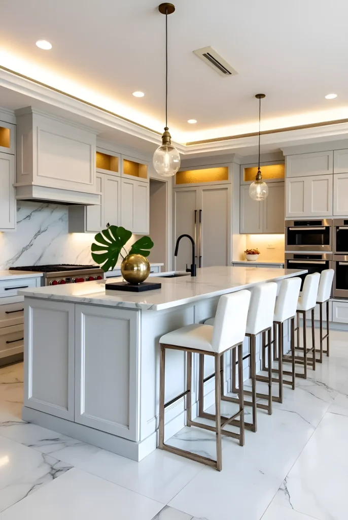 White kitchen with marble countertops, gold accents, and a large island with white barstools.