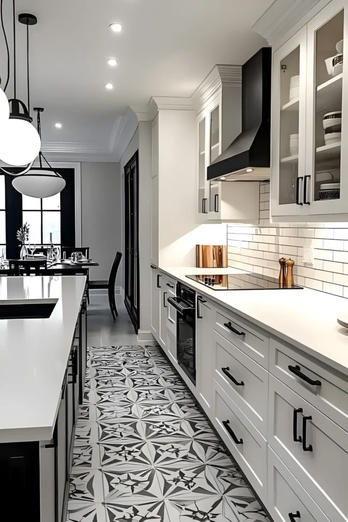 White galley kitchen with patterned black-and-white floor tiles, subway backsplash, and glass-front cabinets.