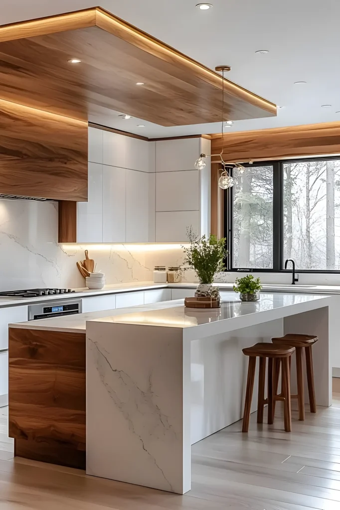 Modern white kitchen with wood paneling, marble waterfall island, and floor-to-ceiling windows.