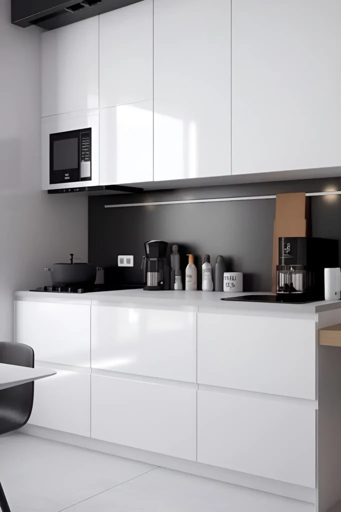 Minimalist white kitchen with glossy cabinetry, black backsplash, and integrated appliances.