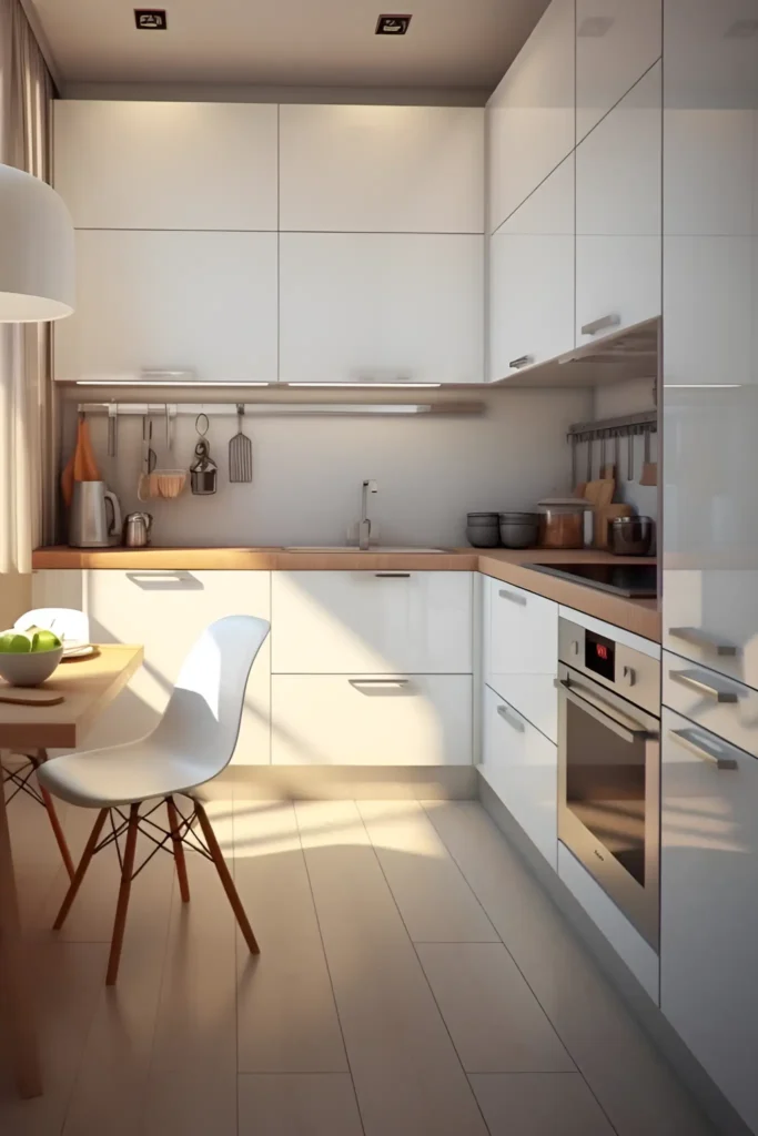 Small white kitchen with glossy cabinets, wooden countertops, under-cabinet lighting, and a cozy dining nook.