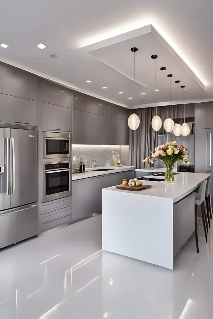 Modern gray and white kitchen with pendant lights, metallic backsplash, and sleek cabinetry.