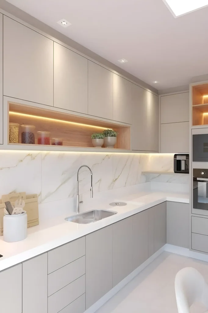 Sleek kitchen with beige cabinets, marble backsplash, and warm LED-lit open shelving.