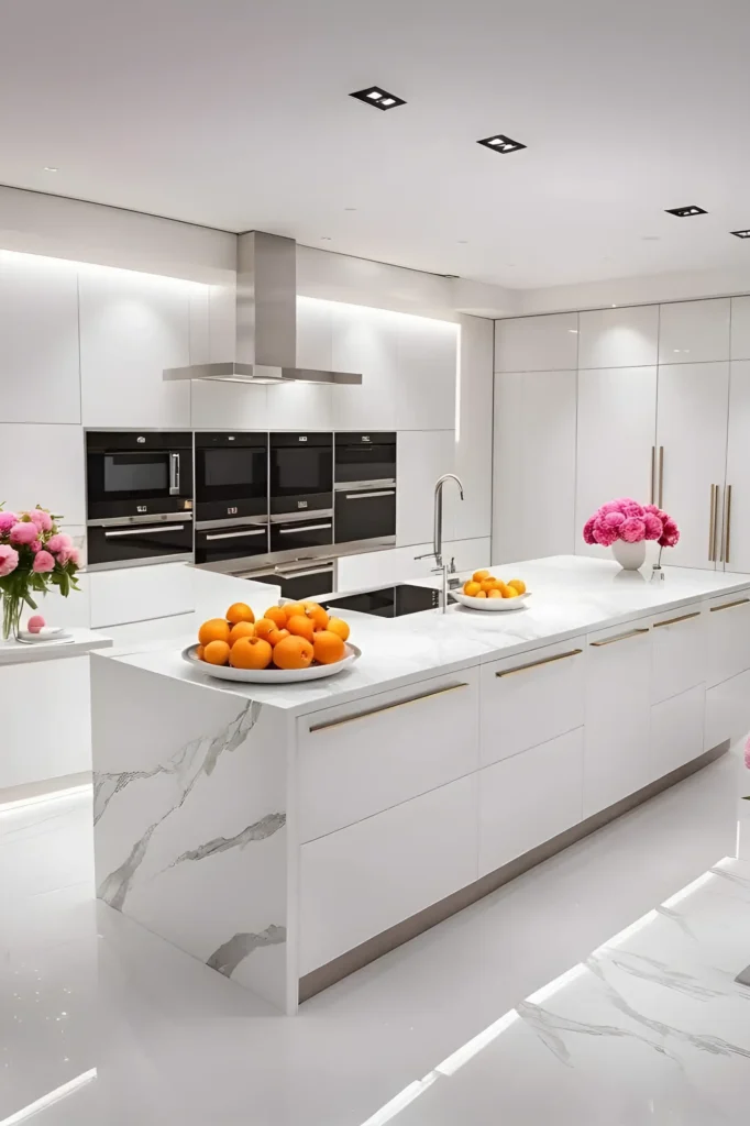 Modern white kitchen with black appliances, marble island, and gold handles, accented with bowls of oranges and pink flowers.