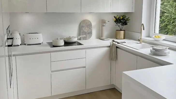 Compact minimalist white kitchen with glossy cabinetry, natural light reflections, and muted wood flooring.