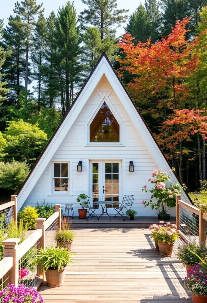 White Tiny A-Frame House Design with Symmetrical Windows and Deck