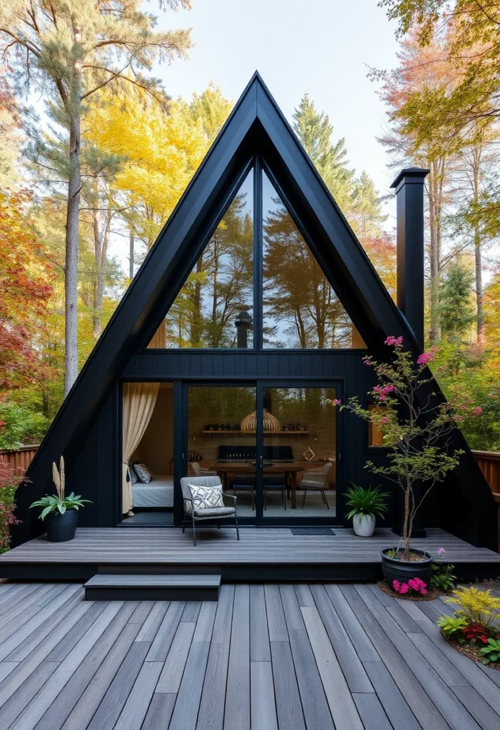 Black Tiny A-Frame Cabin with Wall of Windows and Large Deck