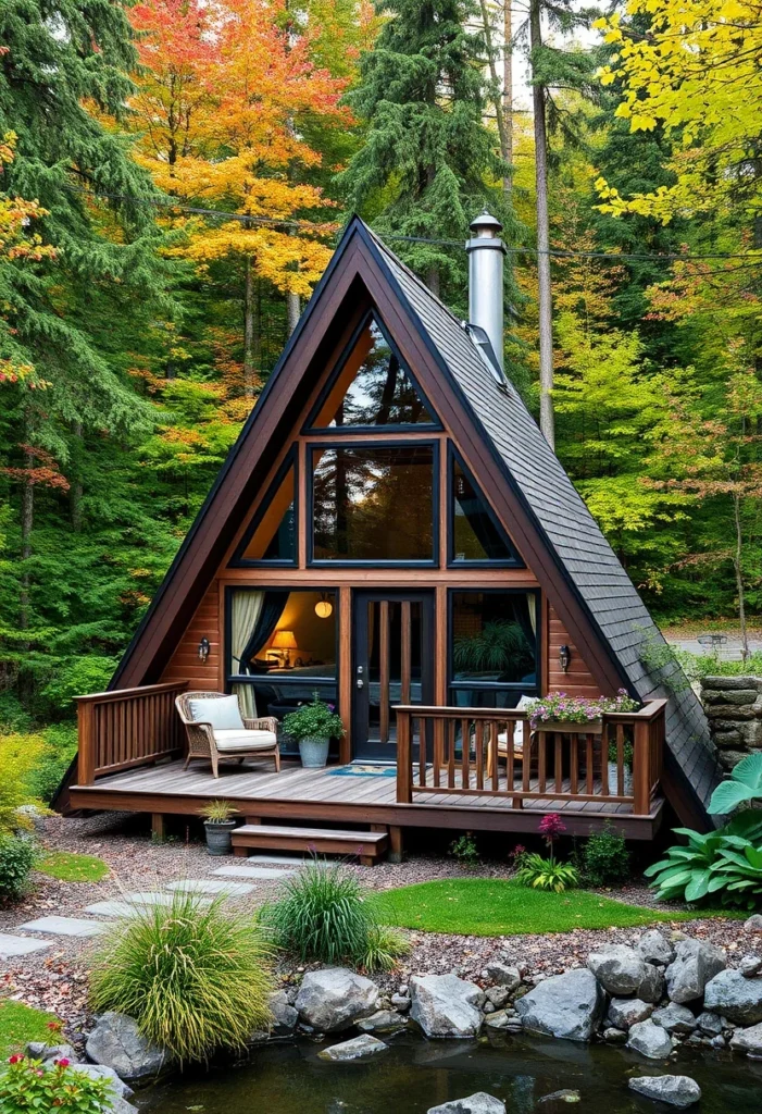 Tiny A-Frame Cabin with Wood Siding, Dark Roof, and Front Deck