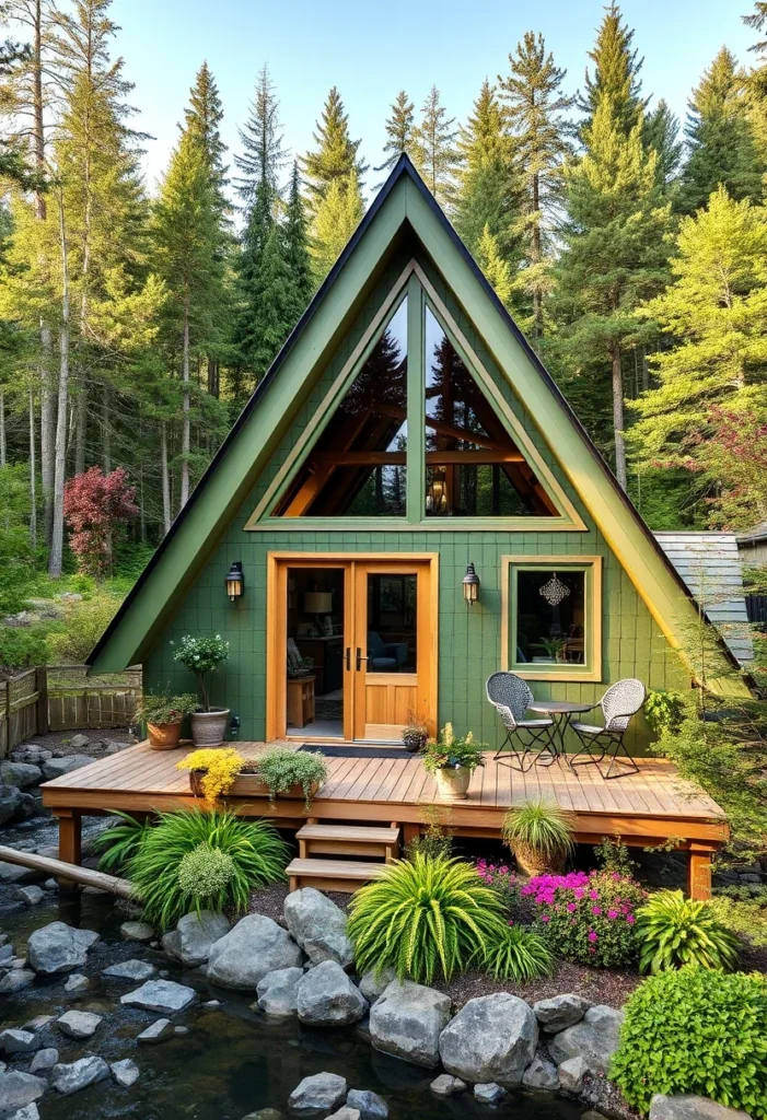 Green Tiny A-Frame House with Unique Windows and Large Deck