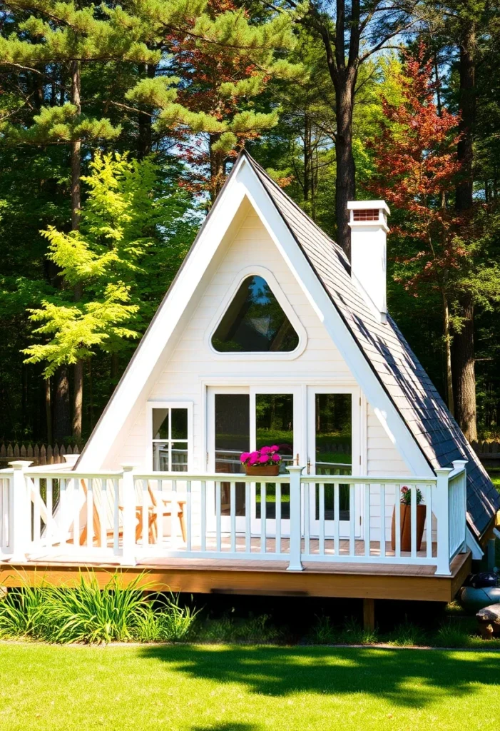 White Tiny A-Frame Cottage with Unique Triangle Window and Deck