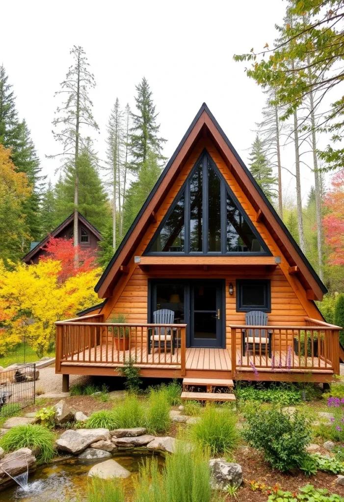 Wood Tiny A-Frame House with Large Windows and Wraparound Deck