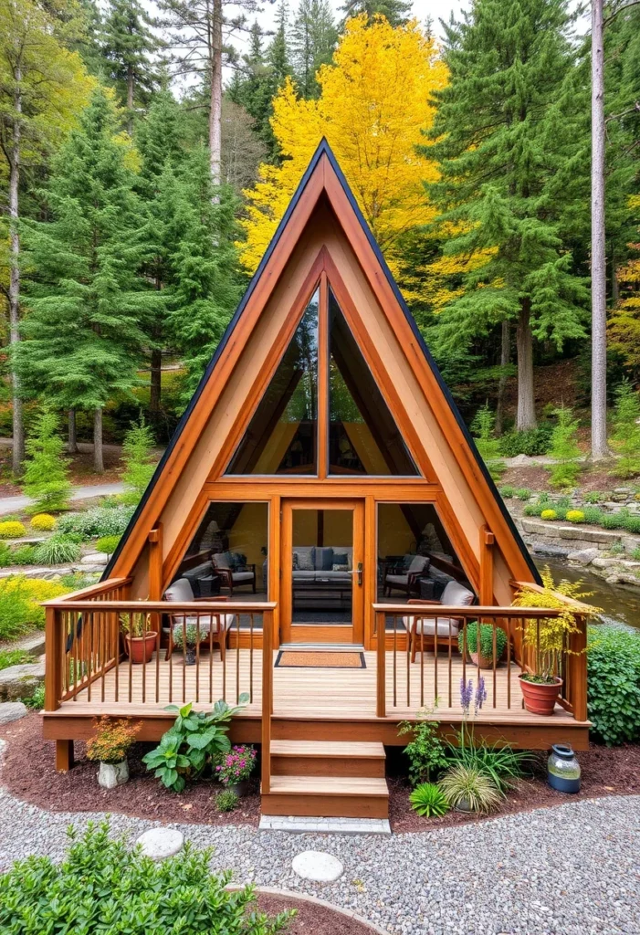 Wood Tiny A-Frame Cabin with Glass Front and Large Deck