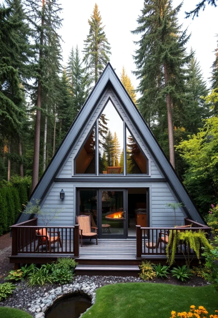 Wood Tiny A-Frame Cabin with Red Door and Front Porch