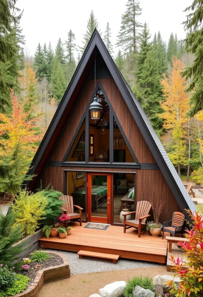 Blue Tiny A-Frame Cabin with White Trim and Wraparound Deck