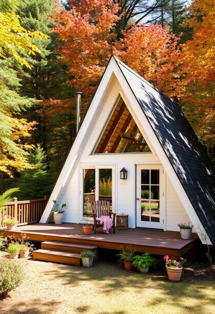 Tiny A-Frame Cabin with Dark Roof and Large Front Windows