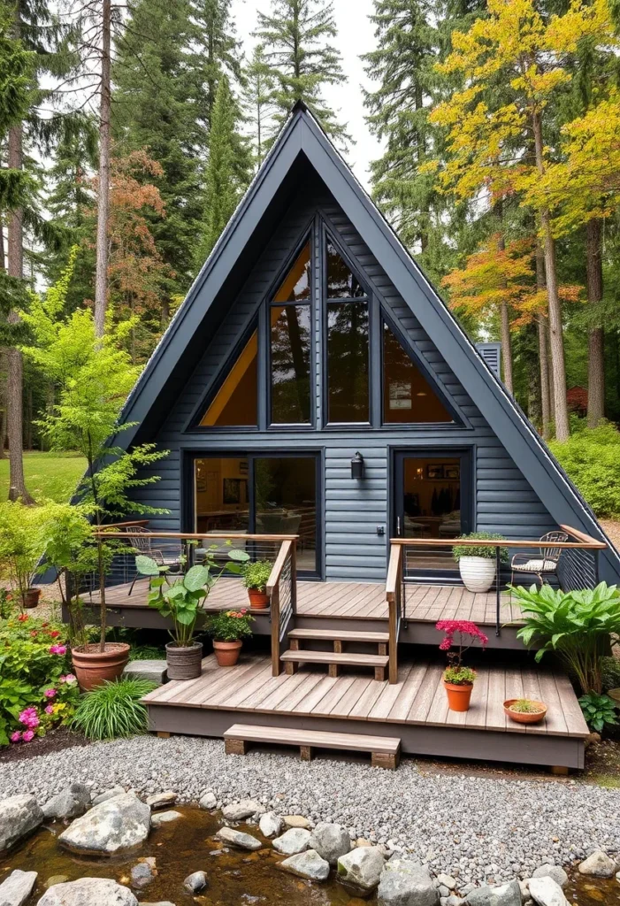 Grey Tiny A-Frame Cabin with Multi-Level Deck and Large Windows