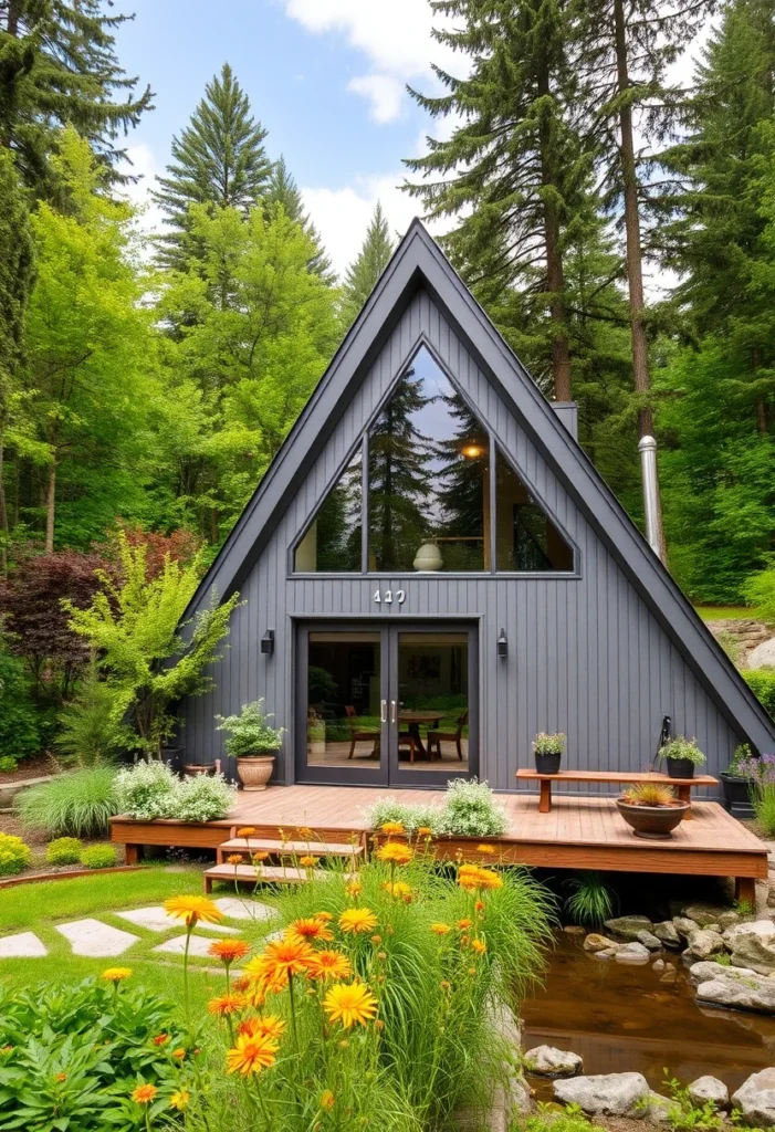 Gray Tiny A-Frame House with Large Windows, Deck, and Visible House Number