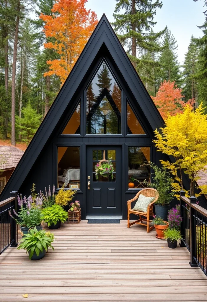 Black Tiny A-Frame Cabin with Front Porch and Large Windows