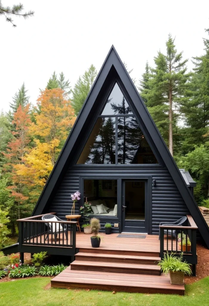 Black Tiny A-Frame House with Tiered Deck and Large Windows