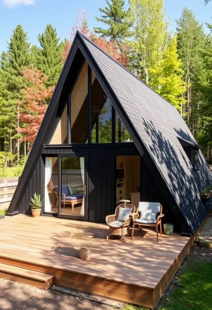 Black Tiny A-Frame Cabin with Large Deck and Sliding Glass Doors