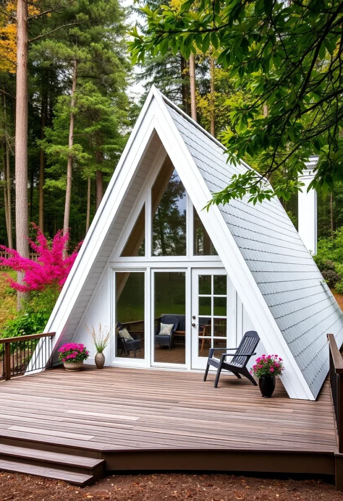 White Tiny A-Frame House with Large Deck and Glass Doors