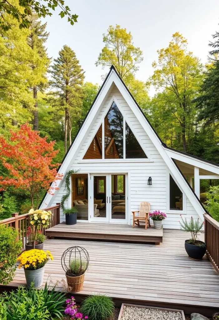 White Tiny A-Frame Cottage with Large Front Deck and Windows