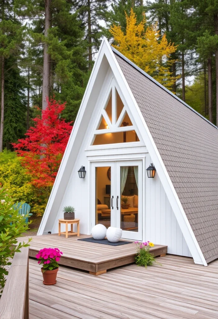 Tiny A-Frame Cabin with Gray Roof, White Siding, and Deck