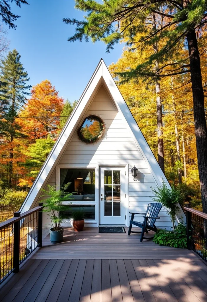 White Tiny A-Frame House with Round Window and Wraparound Deck