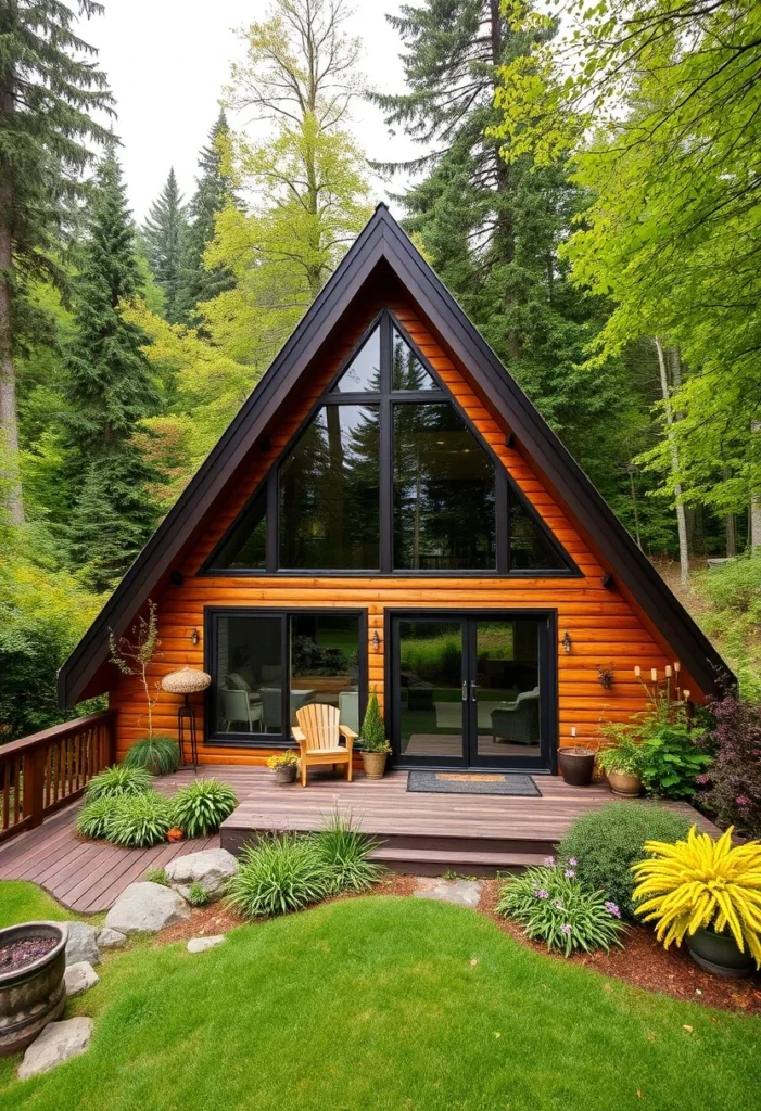 Tiny A-Frame House with Wood Siding and Modern Black Window Trim