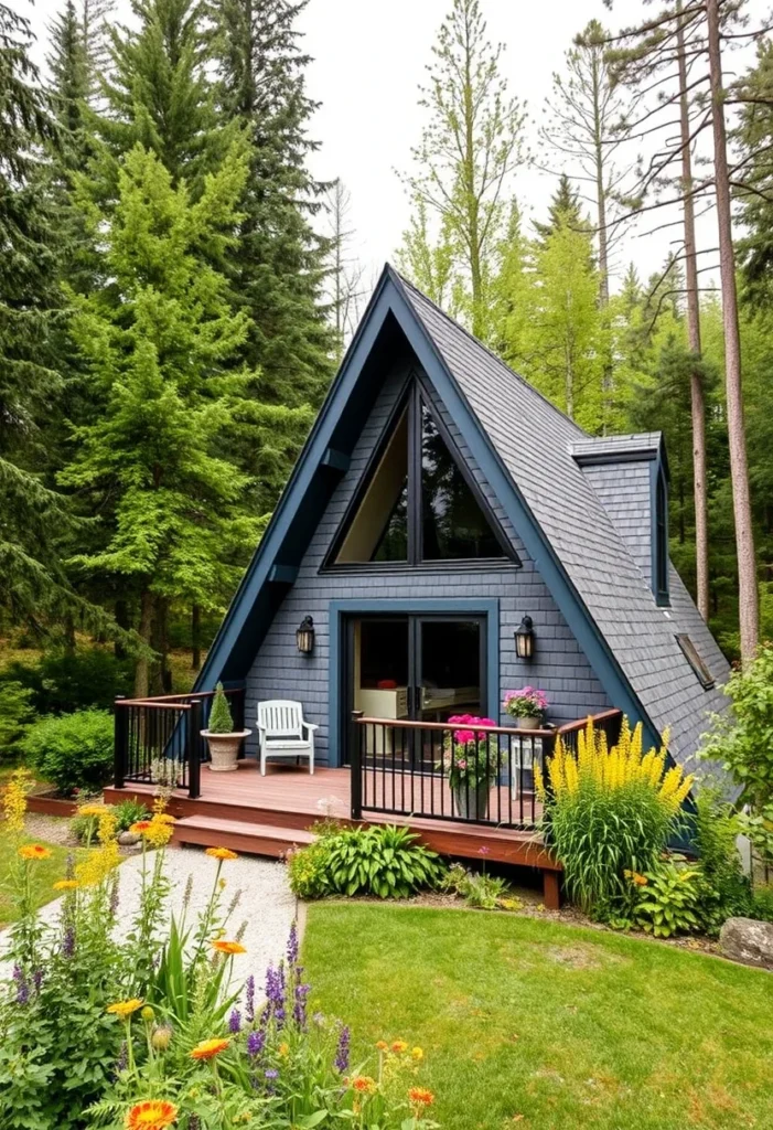 Blue Tiny A-Frame House with Dormer and Front Deck