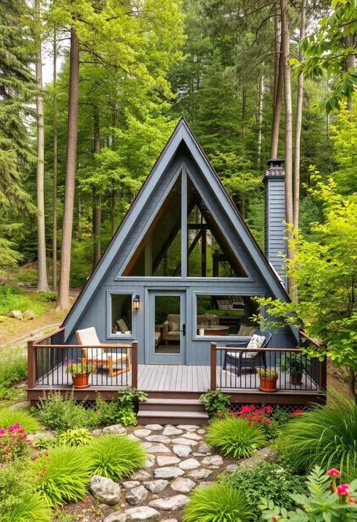 Grey Tiny A-Frame House with Large Deck and Stone Pathway