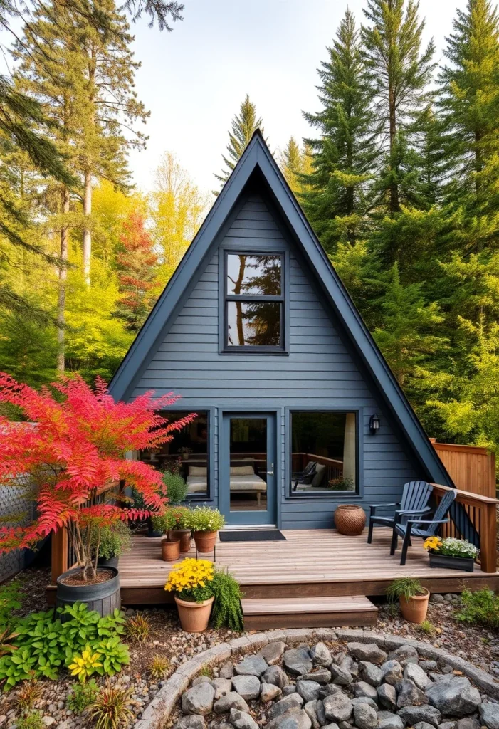 Blue-Gray Tiny A-Frame Cabin with Wraparound Deck