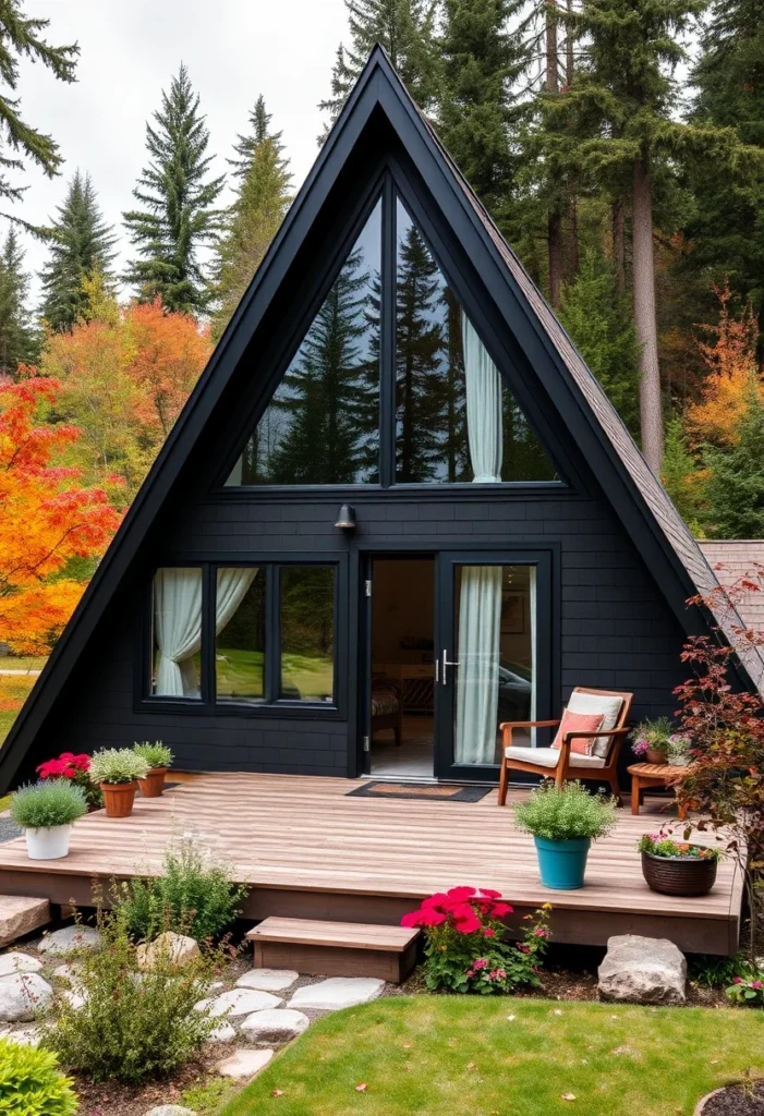 Black Tiny A-Frame House with Floor-to-Ceiling Windows