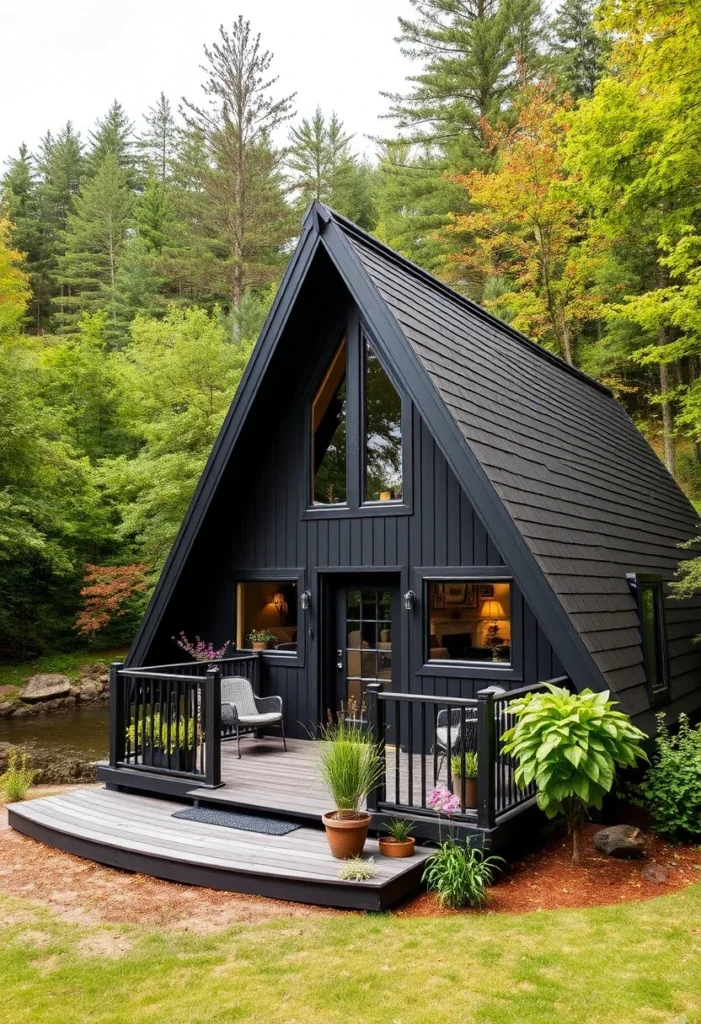 Tiny A-Frame Cabin with Vertical Siding and Welcoming Front Porch