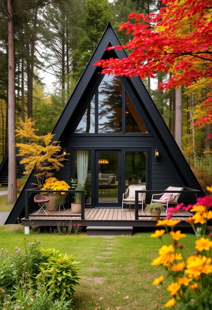 Black Tiny A-Frame House with Large Windows and Front Deck