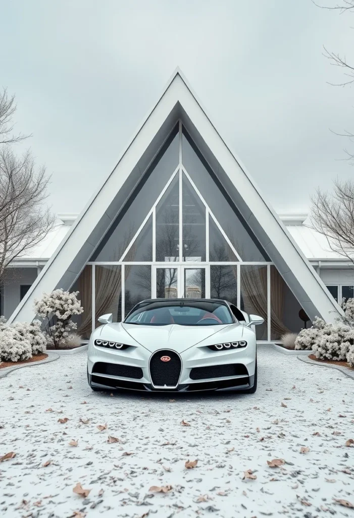 Luxury white A-frame house mirroring supercar aesthetic, front view.