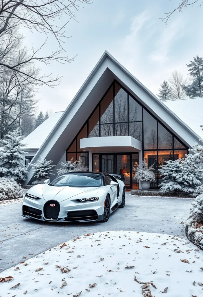 Luxury A-frame house, winter setting, evergreen trees, supercar aesthetic.