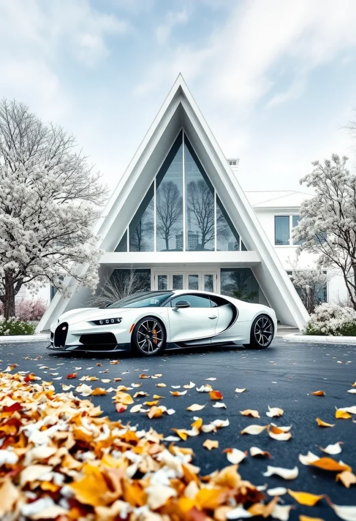 Luxury A-frame home, autumn leaves, reflective windows, supercar-inspired.