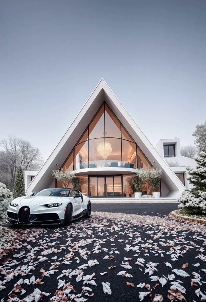 Luxury A-frame house, grand entrance, minimalist design, supercar aesthetic.