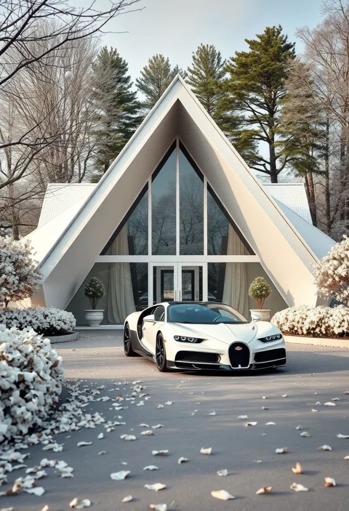 Luxury A-frame home, symmetrical design, evergreens, supercar aesthetic.