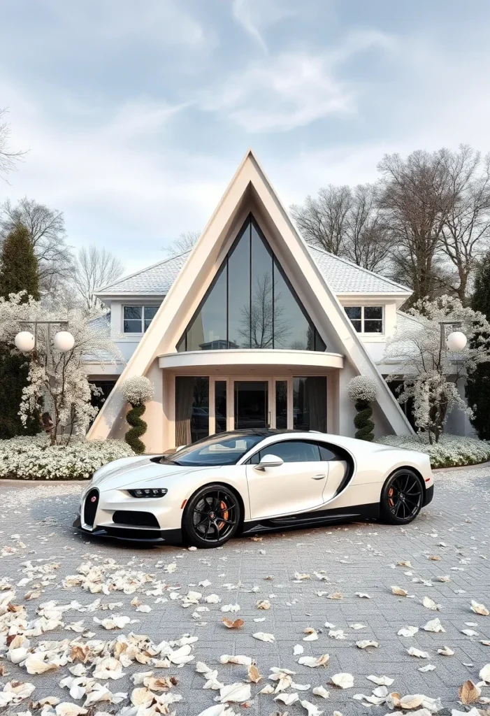 Luxury A-frame house, topiary landscaping, artistic design, supercar style.