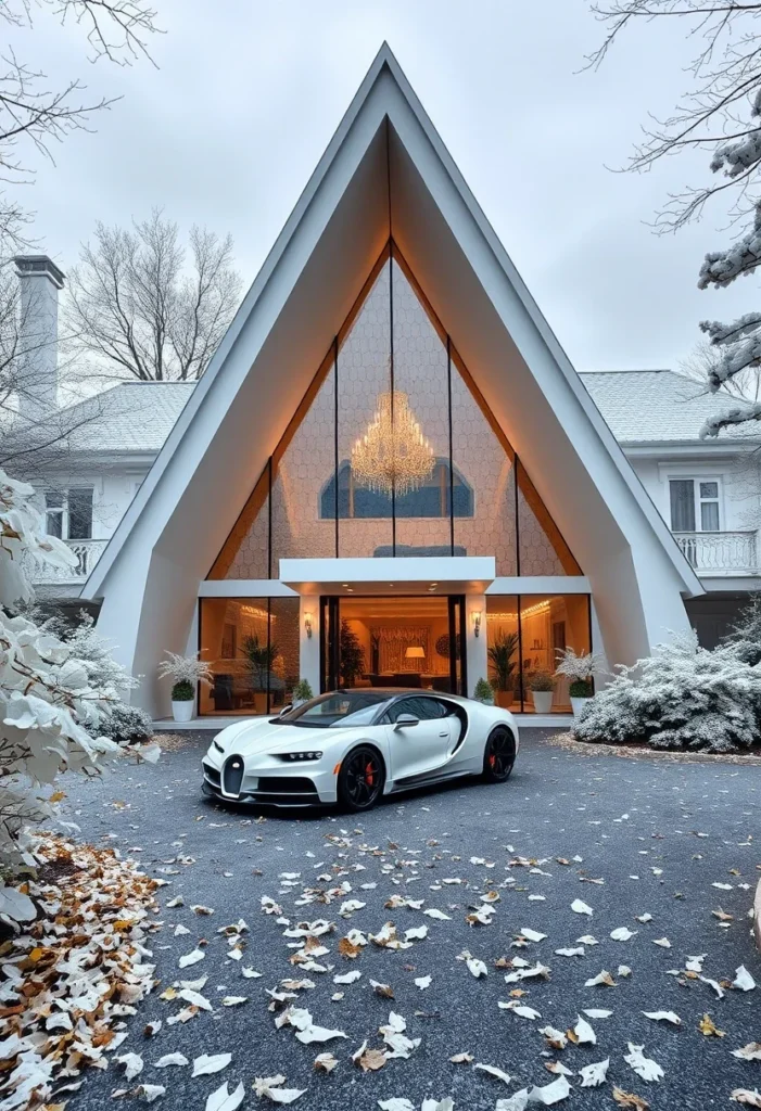 Luxury A-frame house, interior chandelier, opulent design, supercar aesthetic.