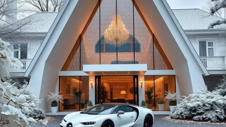 Luxury A-frame house, interior chandelier, opulent design, supercar aesthetic.