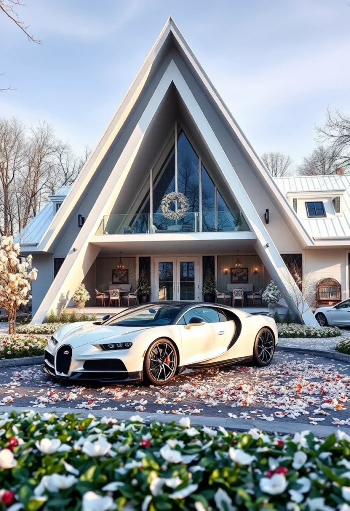 Luxury A-frame house, outdoor seating, stylish decor, supercar-inspired.