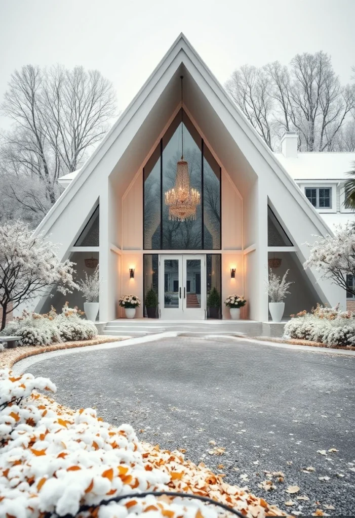 Luxury A-frame house, front entrance, symmetrical design, supercar aesthetic.