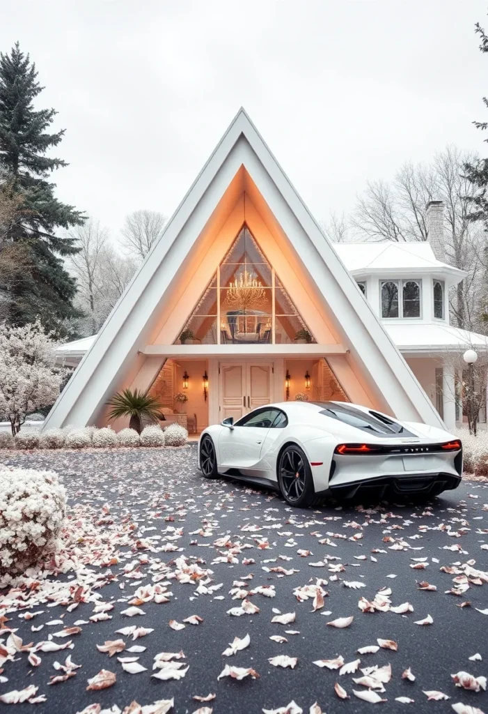 Luxury A-frame house, modern design, reflective glass, supercar style.