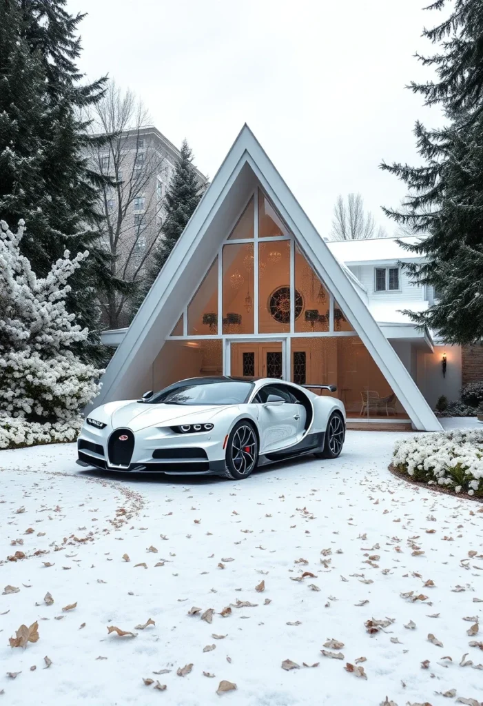 Luxury A-frame design, framed by trees, white supercar aesthetic.