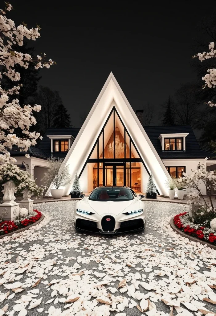 Illuminated luxury A-frame house, nighttime view, dramatic design, supercar aesthetic.