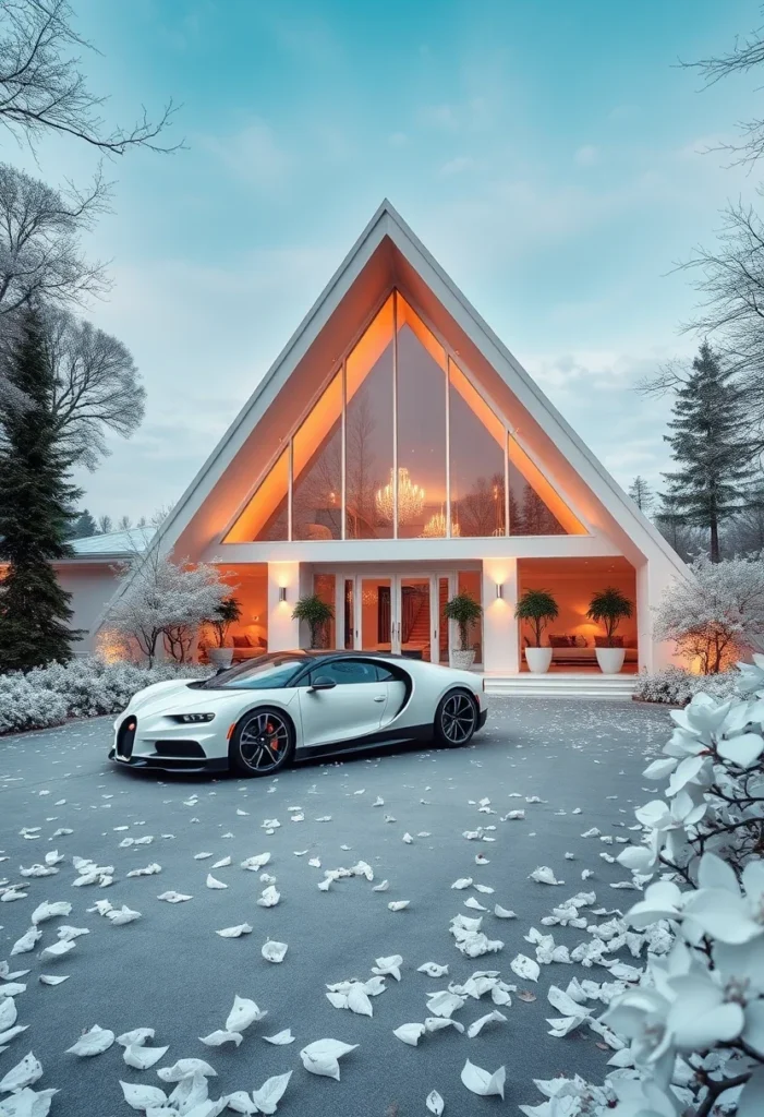 Luxury A-frame house, golden hour lighting, amber glow, supercar-inspired.