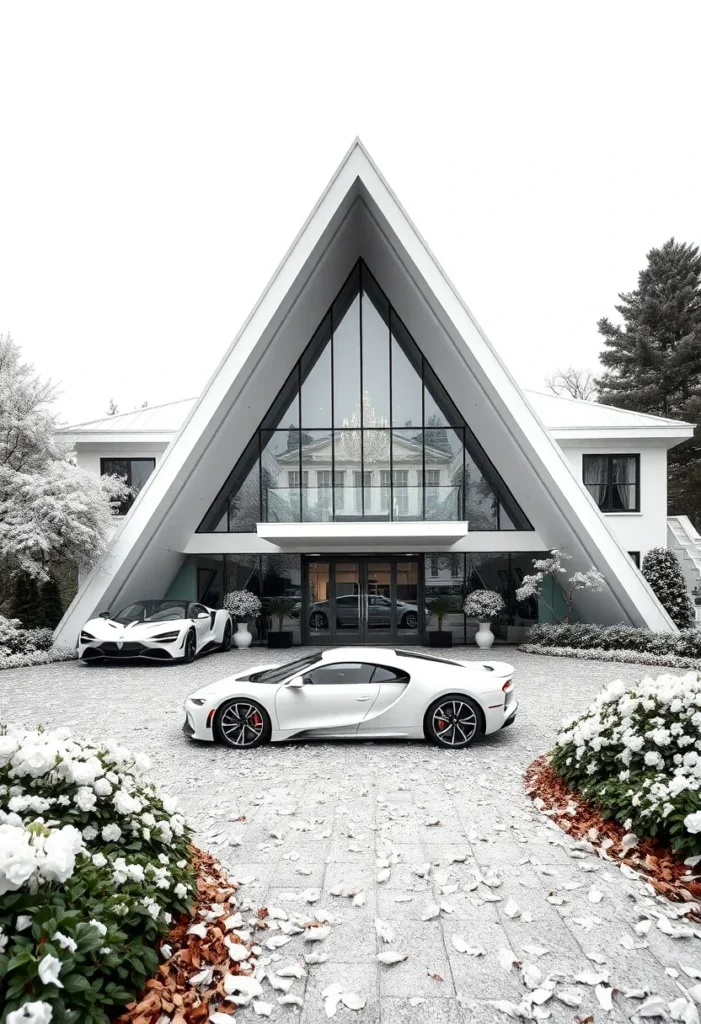 Luxury A-frame house, multiple supercars, monochromatic design, affluent lifestyle.